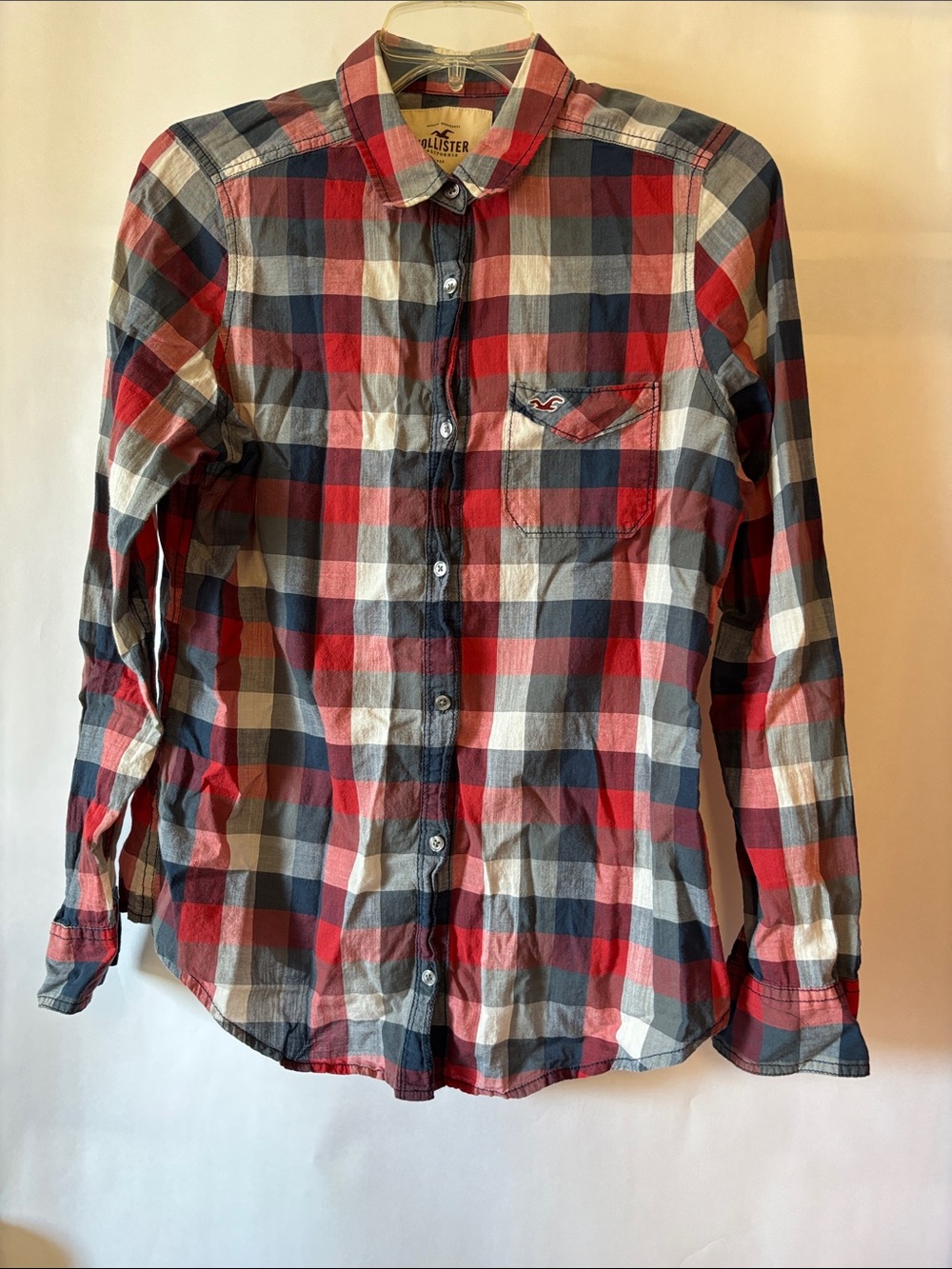 Hollister Red Navy White Plaid Button-Down Shirt